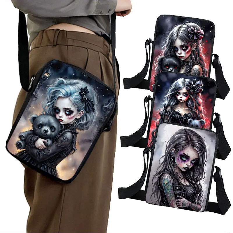 Cartoon Gothic Girl and Bear Doll Print Crossbody Bags Cool Goth Women Handbag Kids Bookbag Storage Bag Phone Holder Gift