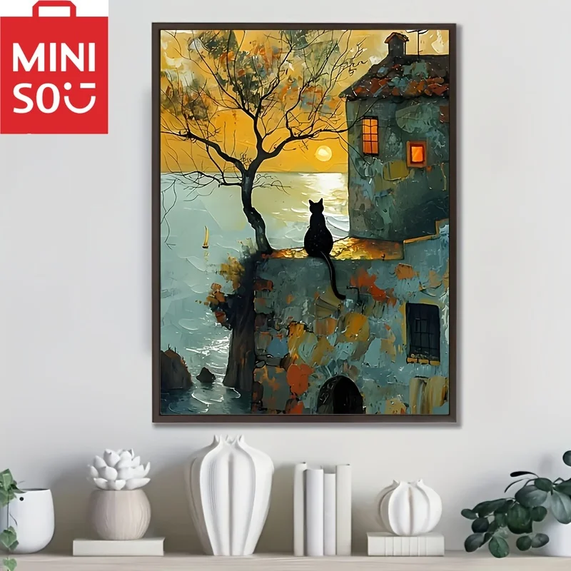

Картина маслом по номерам животное черный кот и восход солнца украшение дома живопись стены спальня декор комнаты подарок рамки