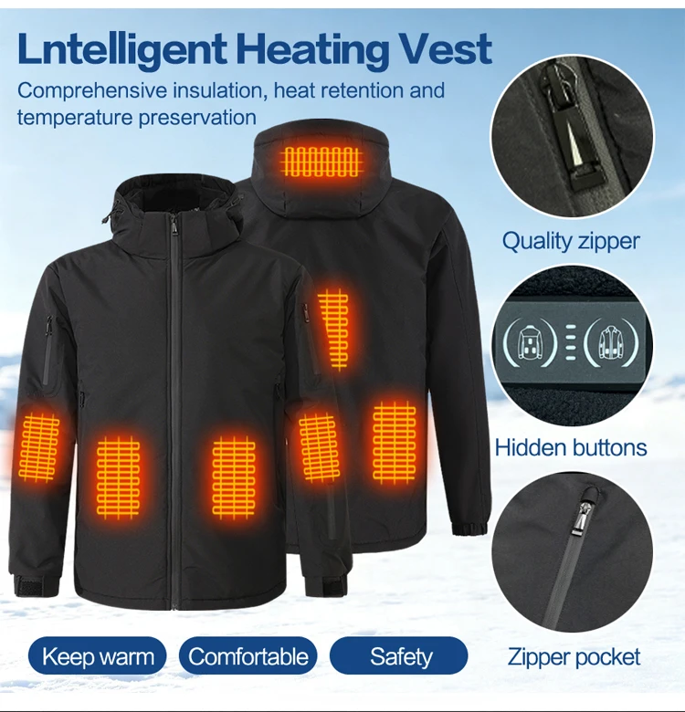 Unisex-Heizjacke, USB-aufladbar, 8 Heizzonen, elektrisch beheizter, warmer Kapuzenmantel, winddicht, wasserdicht, für den Winter, Outdoor, beheizt – Detail 3