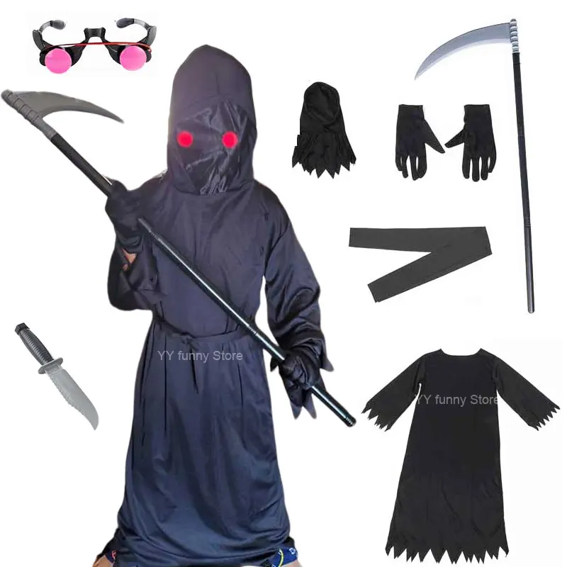 Halloween Costume Set Grims Reape Robe With Sickle Glowing Red Eye Glasses For Horror Dark Death Wizard Devil Cosplay