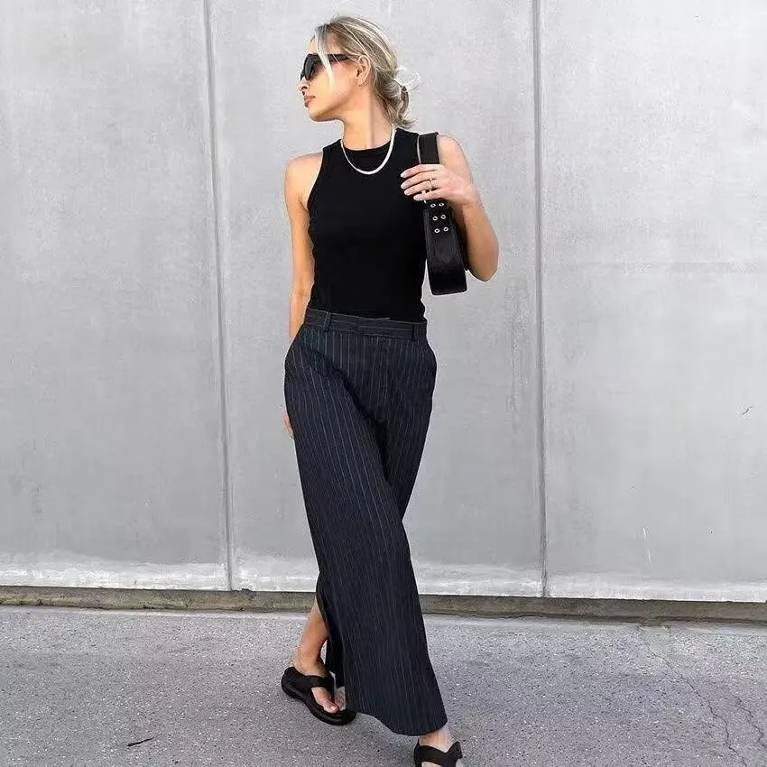 High Waist Slim Fit Straight Cut Midi Skirt Fashionable Vintage Striped Split Design Women's Premium Quality Polyester Skirt