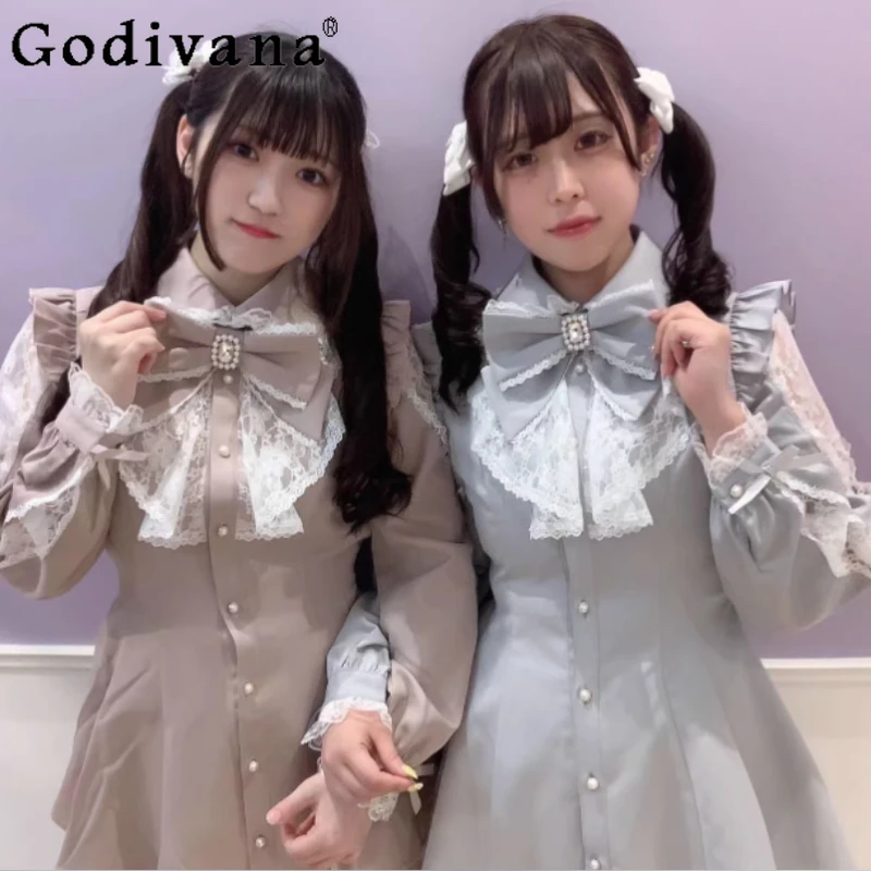 

Large Size Spring Autumn Japanese Long Sleeve Sweet Lace Bow Dress Sets Age-reducing High Waist A-line Peter Pan Collar Dresses