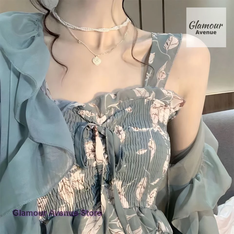 

French fashion light green chiffon floral dress women's summer high-grade small cardigan skirt with suspenders two-piece suit.