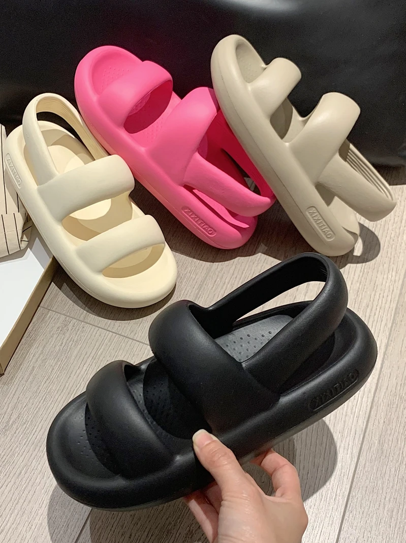 

Thick Heel Sandals Women's Summer Outdoor Casual Fashionable Flat Roman Style Slip-On Shoes Pure Color Low Heel EVA Material