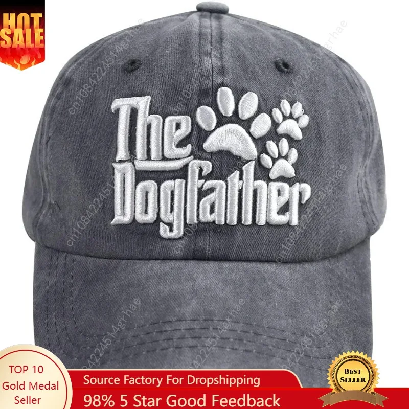 

The Dogfather Paw Hat, Best Dog Dad Hats, Father's Day Adjustable Washed Denim Baseball Cap for Men