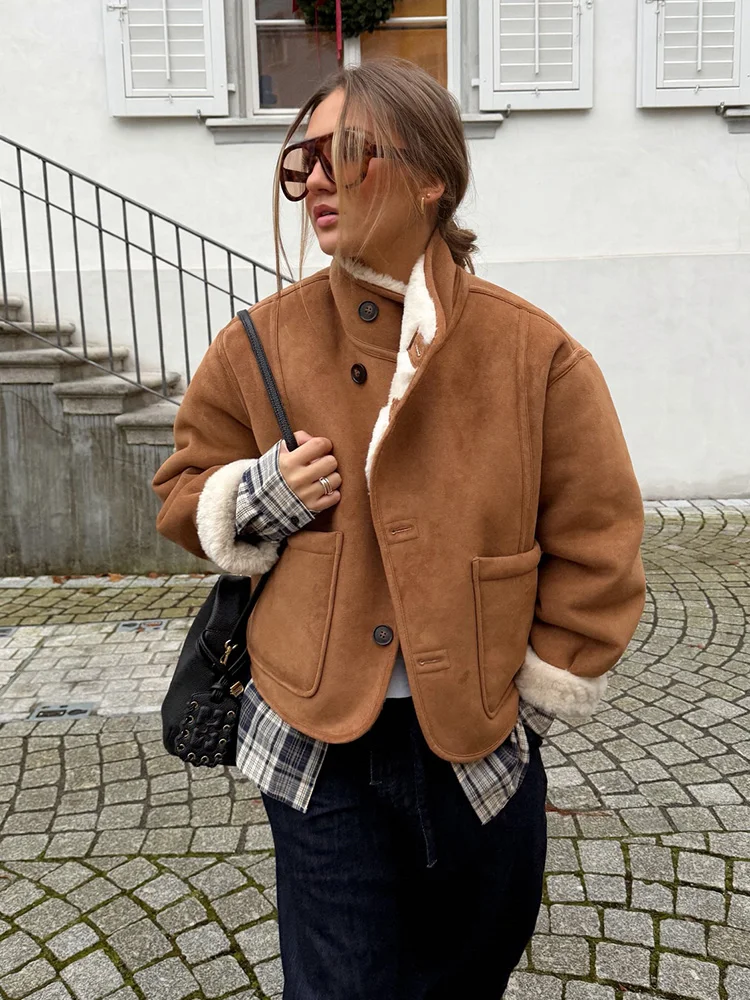 

HH Women's Autumn Fashion Jackets Solid Stand Collar Long Sleeves Pockets Single-Breasted Female Casual Loose Reversible Coats