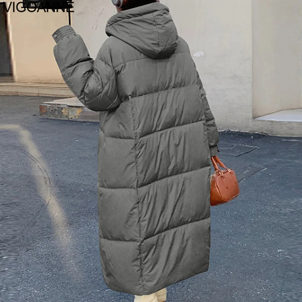 VigoAnne 2025 Koreaanse Solid Capuchon Down Lange Jas Vrouwen Casual Lange Mouw Pocket Winter Losse Jas Dame Dikke Warme Uitloper