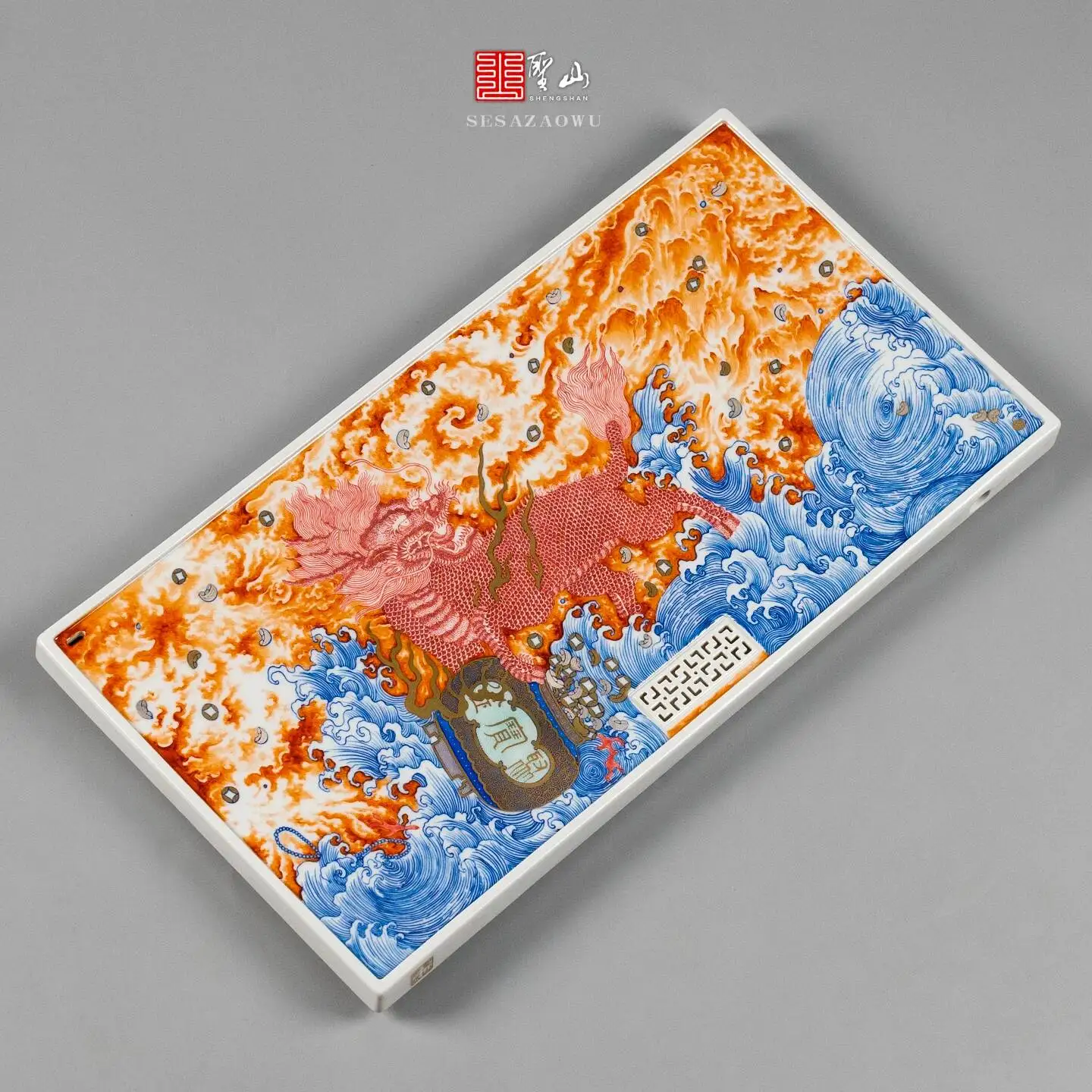 

Sacred Mountain Alum Red Blue And White Underglaze Color Qilin Treasure Set Jingdezhen Handmade Ceramic Tray Tea Table