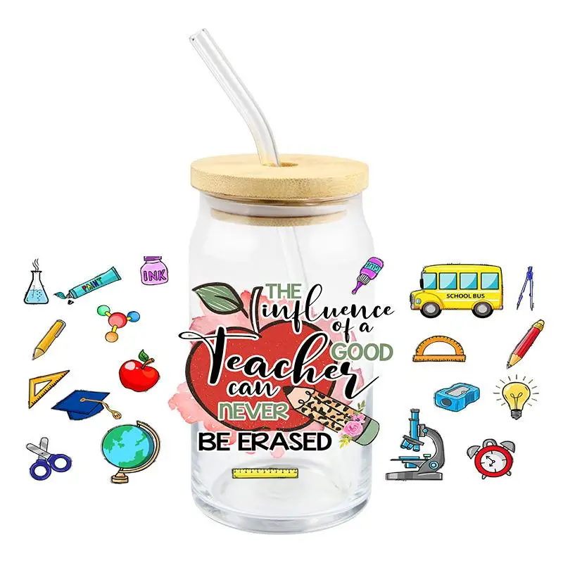 16oz Teacher's Day 3D UV Transfer Stickers Waterproof Cups Wraps Sticker For Glass Mug DIY Tumbler Wrap Rub On Transfer Custom