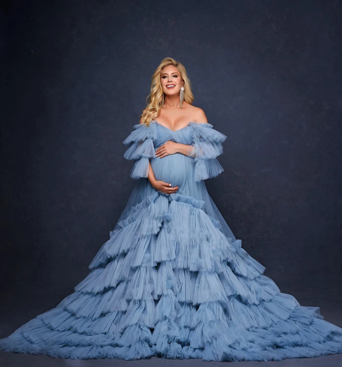 Charming Blue Layered Tulle Maternity Dress Photoshoot Off Shoulder Puffy Ruffle Mesh Baby Shower Dresses for Pregnant Woman