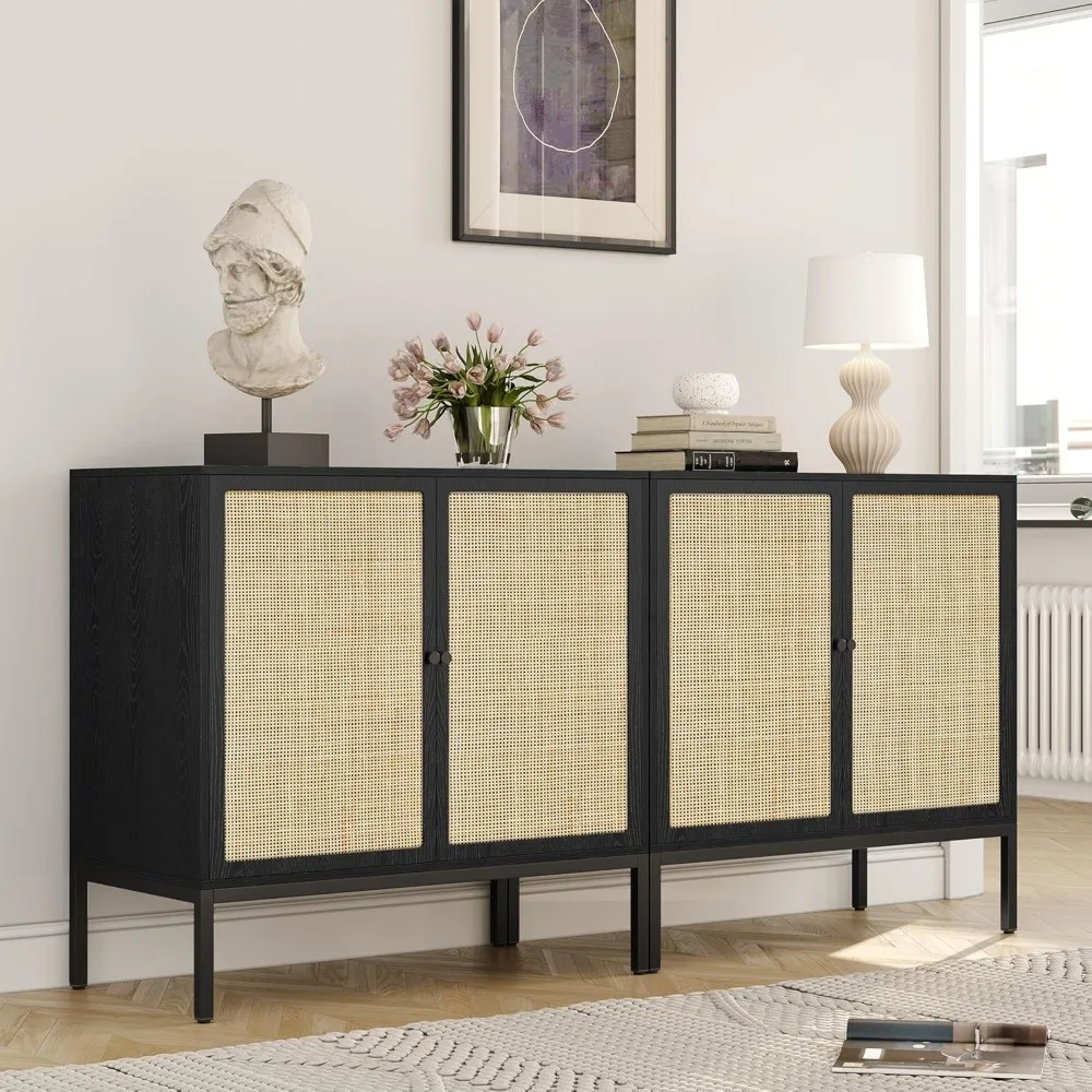 

Set of 2 Sideboard Cabinet with Natural Rattan Decorated Doors, 63" Rattan Cabinet, Accent Credenza Buffet Console Table, for L