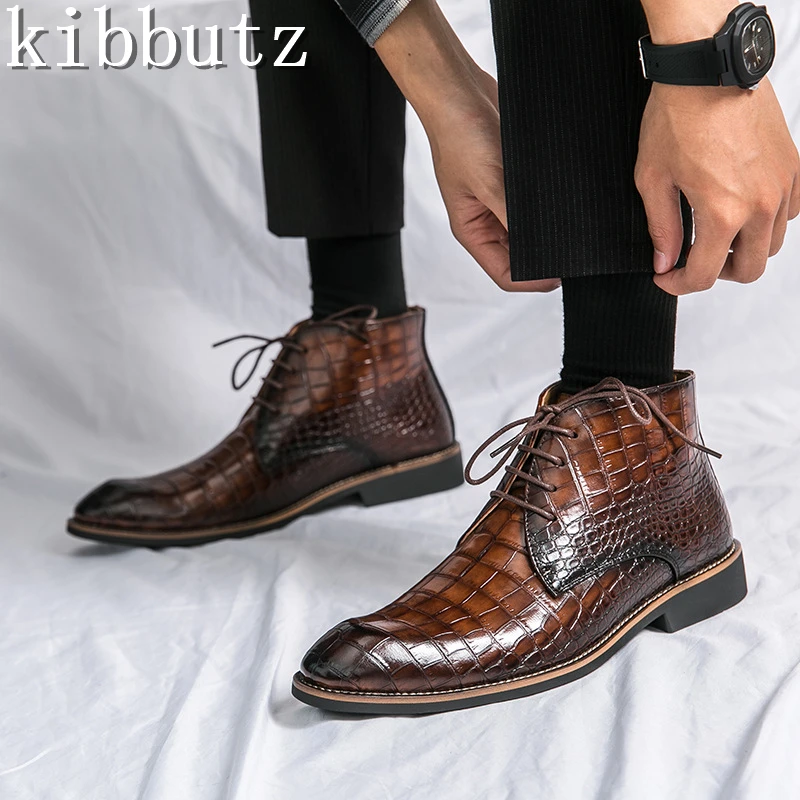 

Men PU Leather Ankle Boots Luxury Design Pointed Toe Lace Up Oxfords Short Boots Shoes Business Casual Footwear