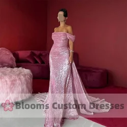 Blooms Peach Pink Shiny Mermaid Customized Evening Dresses For Formal Occasion Party Gown Off Shoulder Prom Dress 2024 Newest