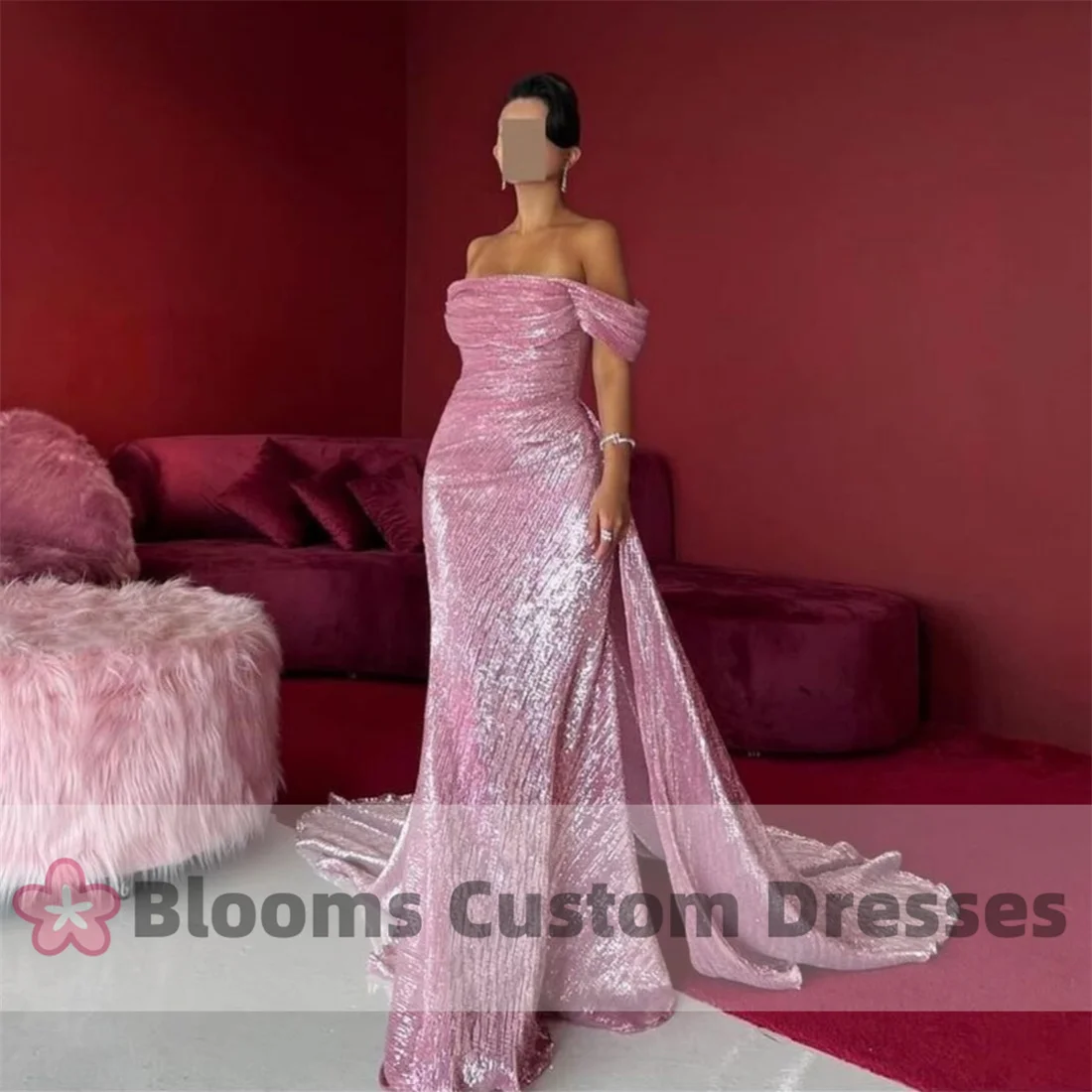 Blooms Peach Pink Shiny Mermaid Customized Evening Dresses For Formal Occasion Party Gown Off Shoulder Prom Dress 2024 Newest