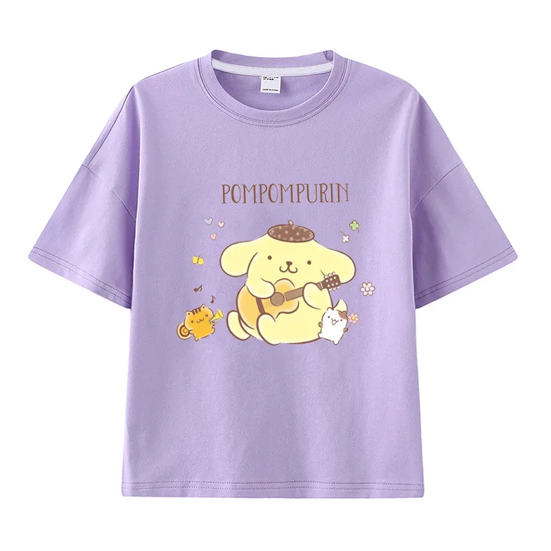 Sanrio hoodies Children's short sleeves Pom Pom Purin and Cinnamon Cartoon  anime periphery Summer Boys and Girls T-shirt