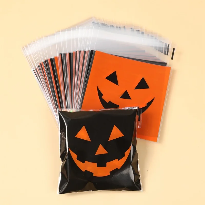 200 Bolsas de Halloween Negras y Naranjas con Diseño de Calabaza Malvada para Dulces, Regalos, Repostería, Autosellables, Decoración para Fiestas