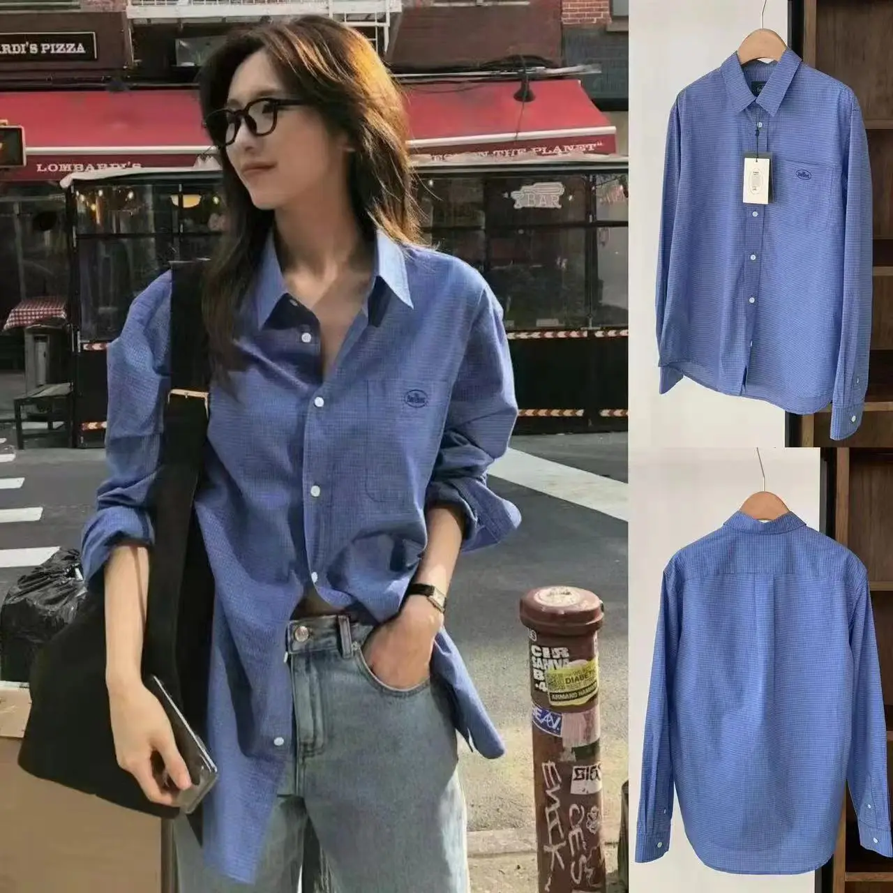 

Loose Casual Blue Plaid irt Spring 2025 New Sle Women's Premium Faion Long Sve Turn-down Collar Top