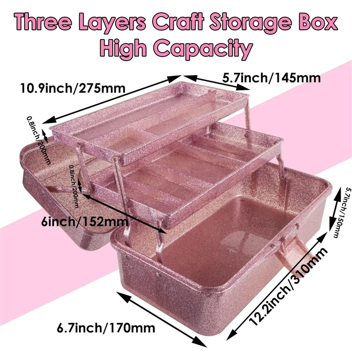 A48I Glitter Pink & Craft Tool Storage Box,3-Layer Stackable Carry Tackle Box Sewing Box Organizer for Art