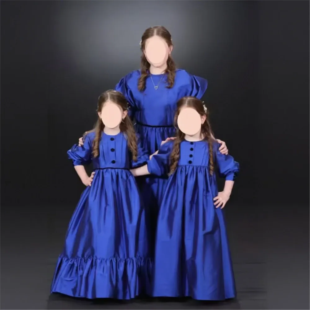 

Elegant Royal Blue Satin Puffy Flower Girl Wedding Dress Three Quarter Sleeves Button First Communion Kids Birthday Party Dress