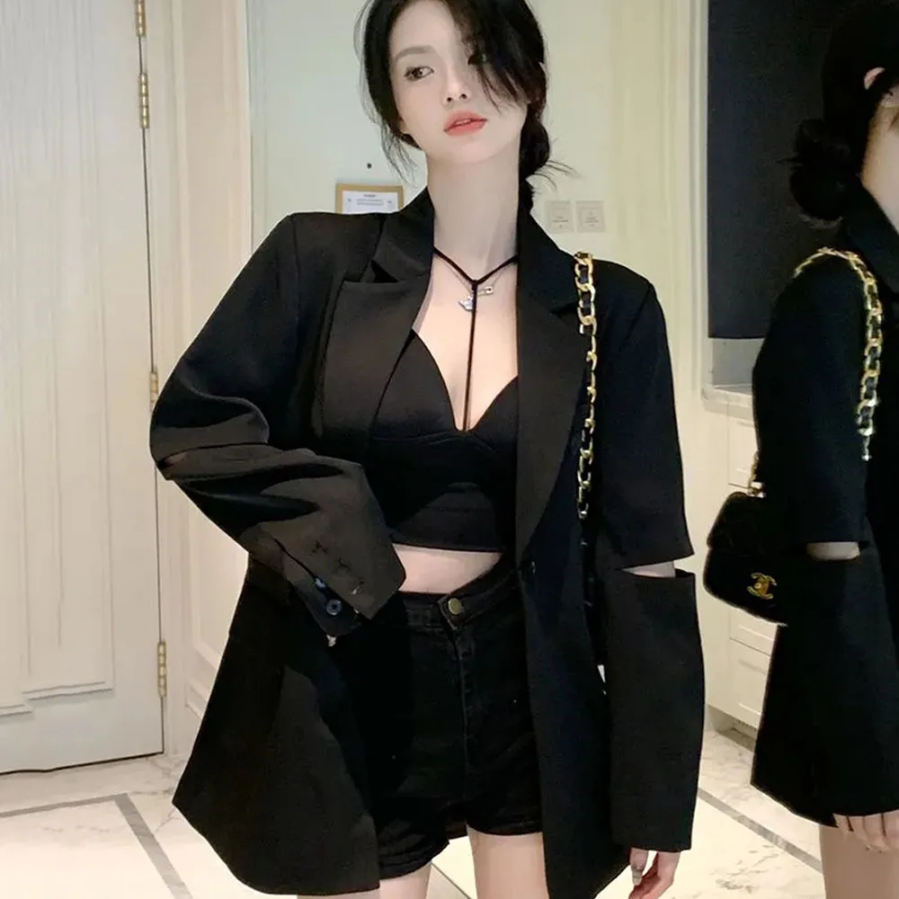 Autumn 2023 Fashion Women's Blazer New Back Hollow out Chain One Button Black Long Sleeve Suit Jackets Female Casual Blazers