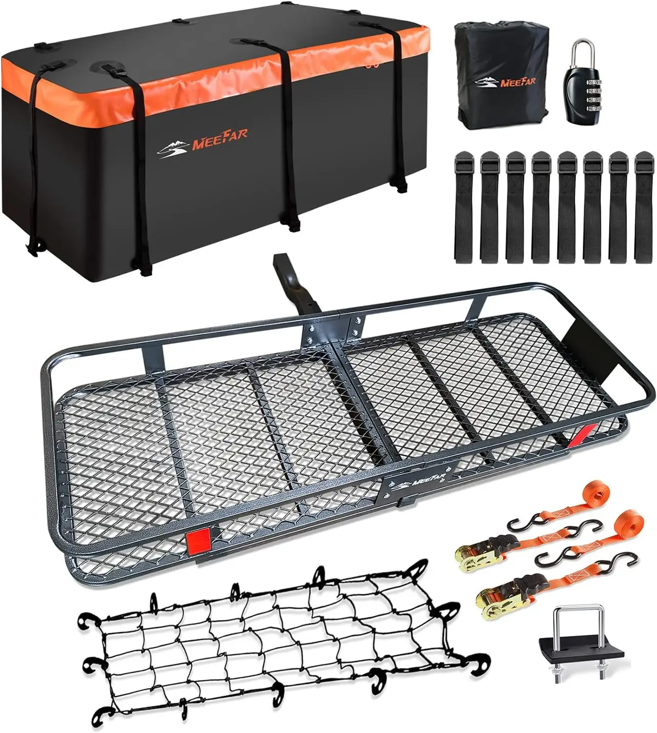 

Folding Hitch Mount Cargo Carrier Basket 60" X 20" X 6"+Waterproof Cargo Bag 16 Cubic Feet(58" 19" 24"),Hauling Weight