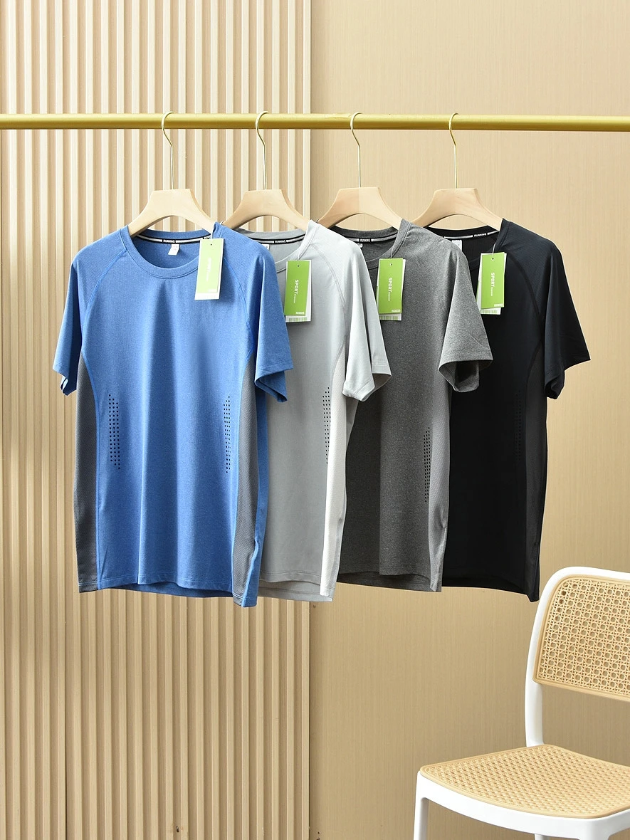 Outdoor Sports Series Laser Perforated Color Blo Qui Dry Elastic Men's Summer round Ne Casual ort Sve T-irt