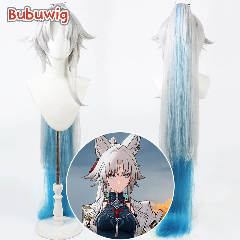 Bubuwig Synthetic Hair Feixiao Cosplay Wigs Honkai: Star Rail Feixiao 120cm Silver White Mixed Blue Ponytail Wig Heat Resistant