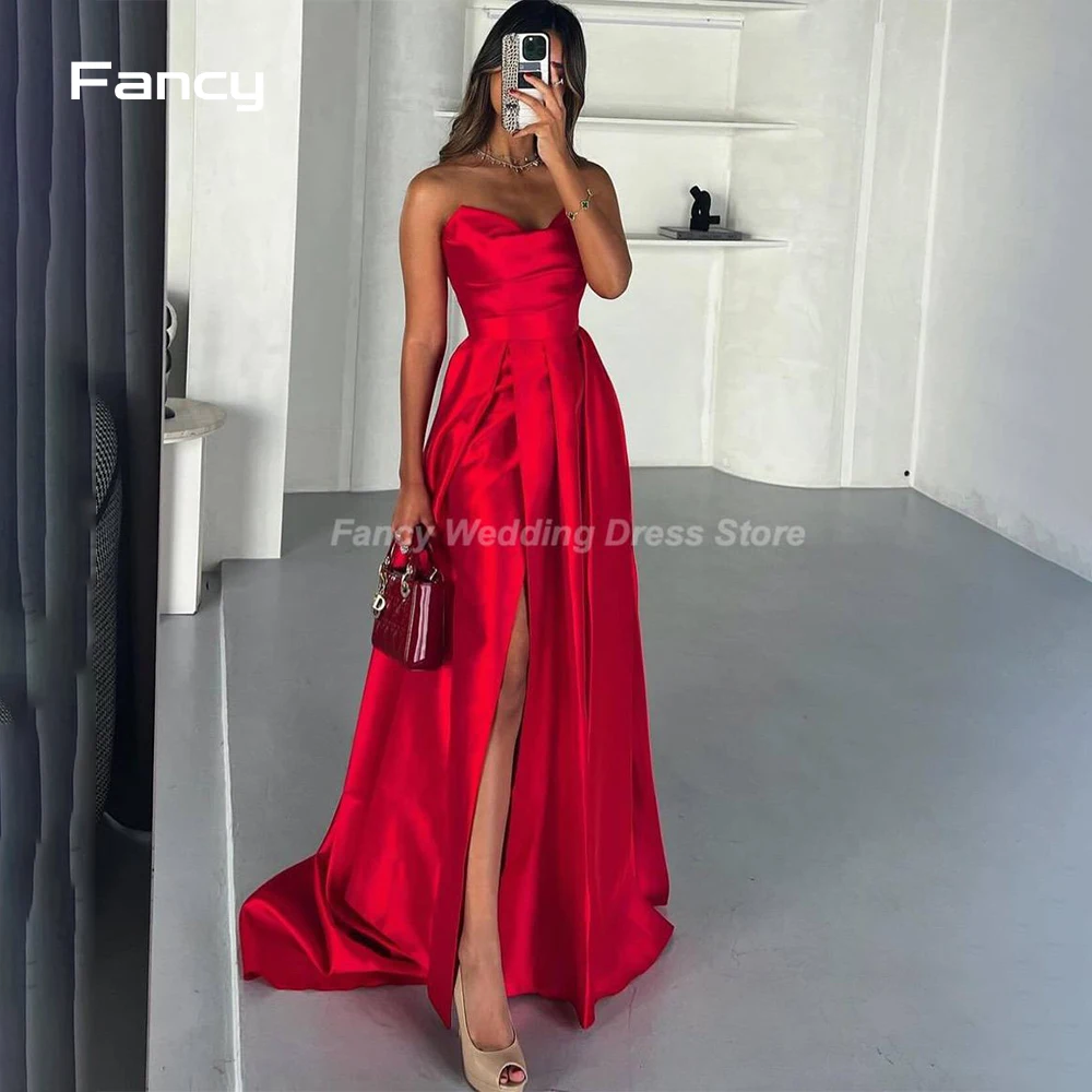 

Fancy Red A Line Evening Dresses Sexy Side Prom Dress Sweetheart Long Celebrity Formal Occasion Party Gowns Gala Dress