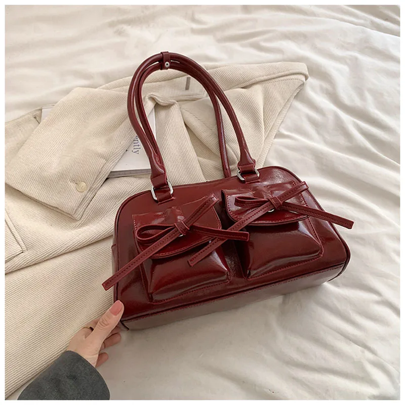 Designer Burgundy PU Underarm Bag 2024 New Women\'s Double Zipper 3D Bow Shoulder Bags Fashionable High Street Spicy Girl Handbag