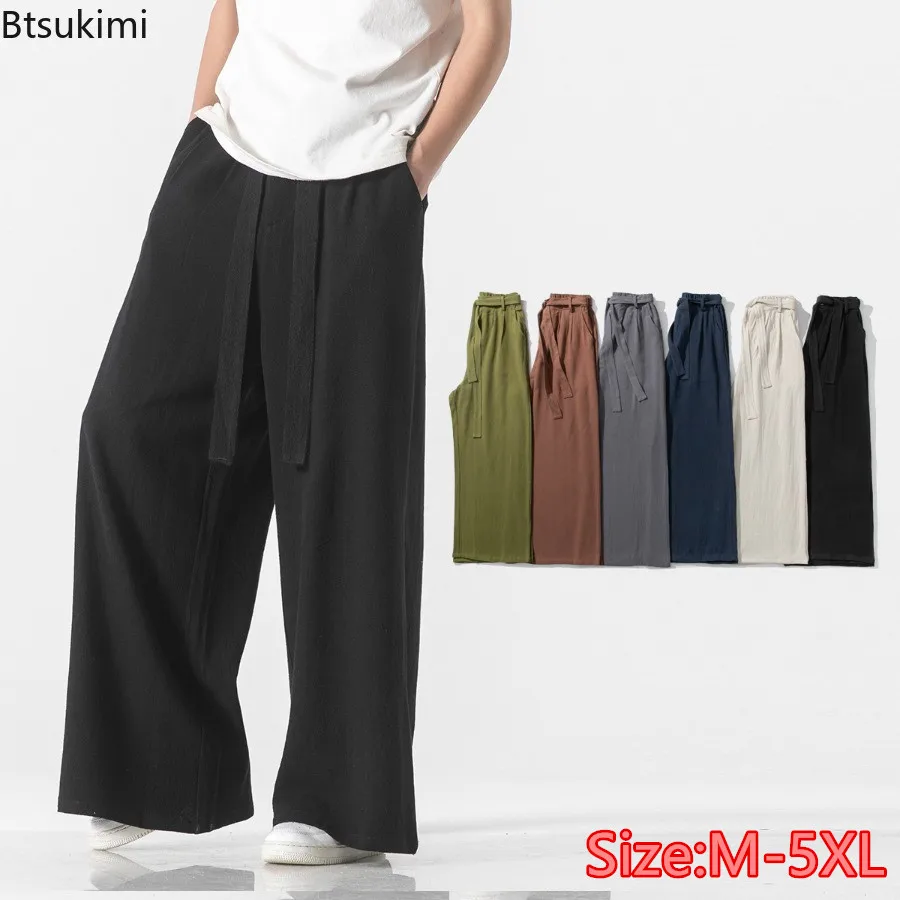 2024 Men's Vintage Cotton Linen Casual Pants Fashion Harajuku Loose Wide Leg Pants Chinese Style Men Sport Trousers High Quality