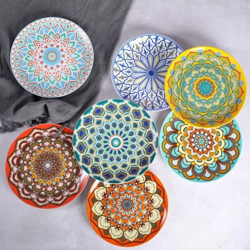 European Style Ceramic Tableware Bohemian Style Flat Plate for Home Use Nordic Creative Ceramic Plate