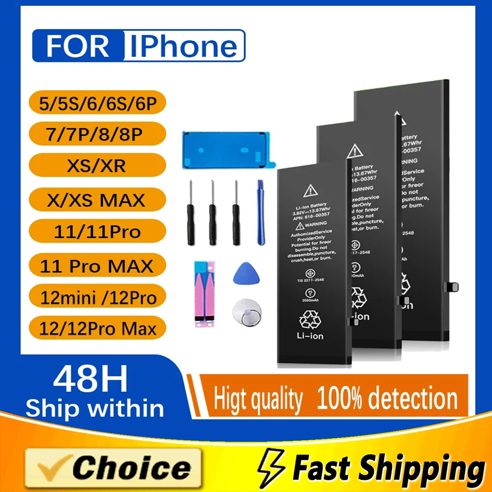 Replacement Battery For iPhone 11 X XR Xs Max 12 Pro max Mini 6 6S 7 8 Plus High Capacity Bateria with Repair Tools Kit