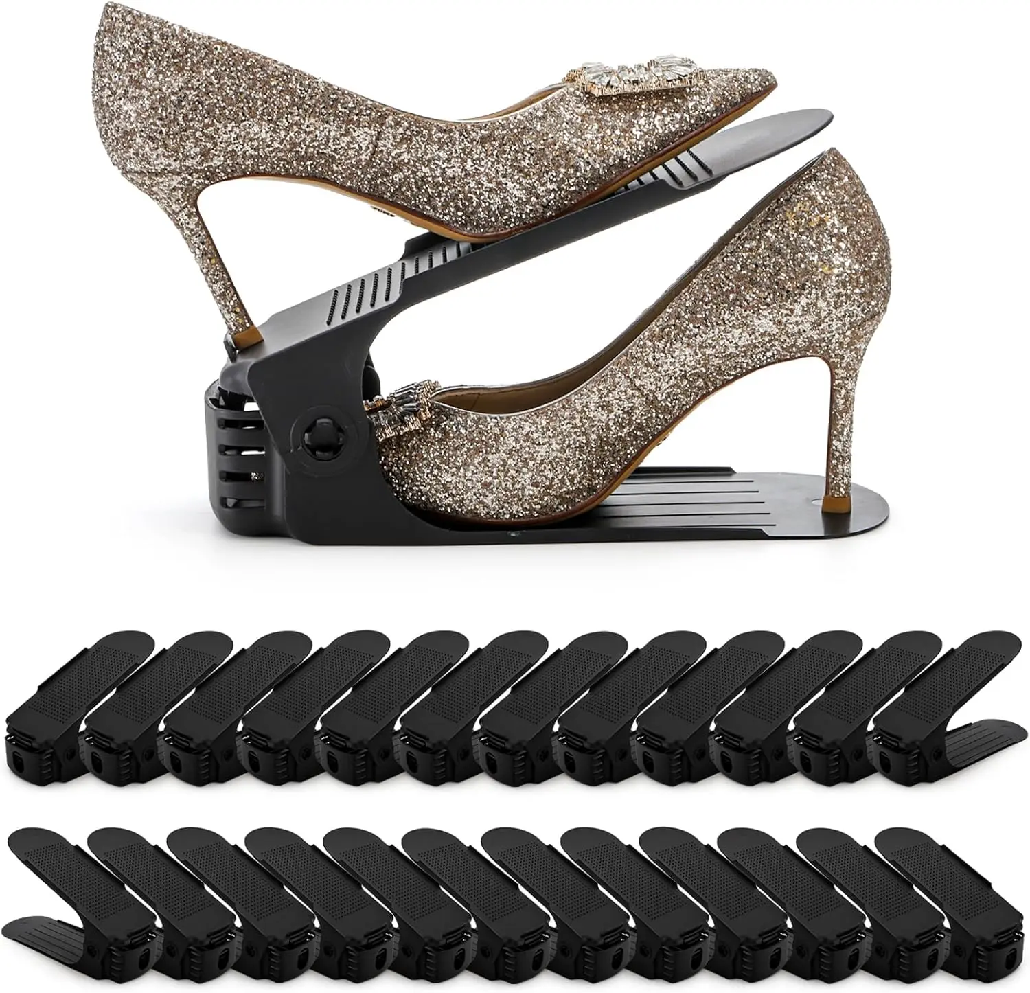 

24 упаковки регулируемых штабелеров для обуви, 4-уровневый двухъярусный органайзер, компактный шкаф для хранения вещей, черный