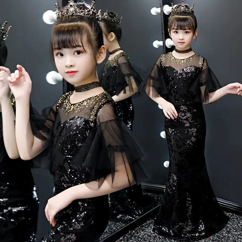 Robes longues de luxe pour filles, olympiques à paillettes dorées, robe de Rhélégante, coupe couvertes, fête formelle, banquet d'anniversaire pour enfants, mode