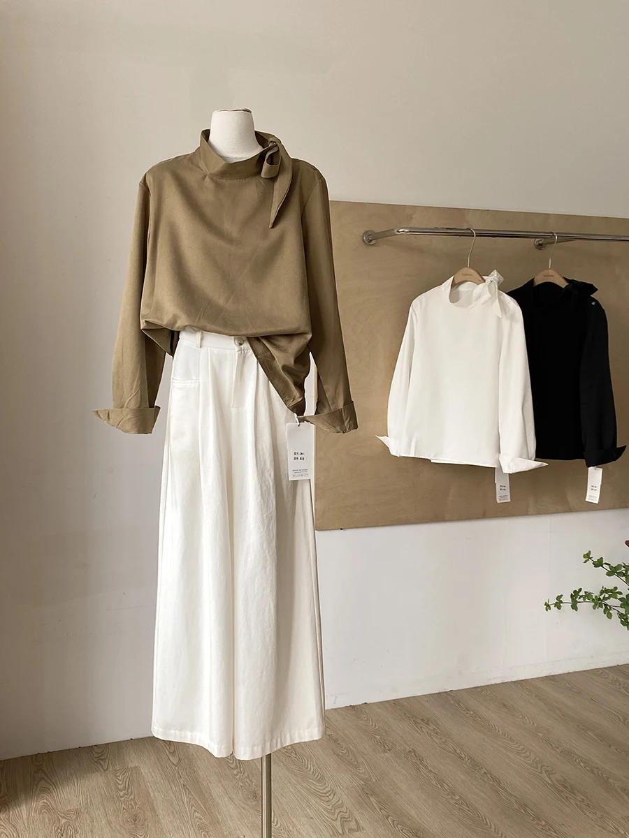

Women's New Fall French Minimalist Solid-color Shirt Straps Bowknot Loose Slim Elegant Versatile Long-sleeve Tops Office Clothes