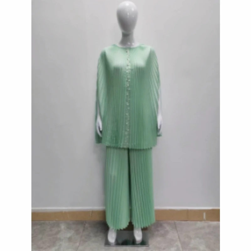 Women's Fashion Evening Dress Two Piece Set O-Neck Panel Pleated Bat Sleeves Elegant Loose Party Dress 2024 New