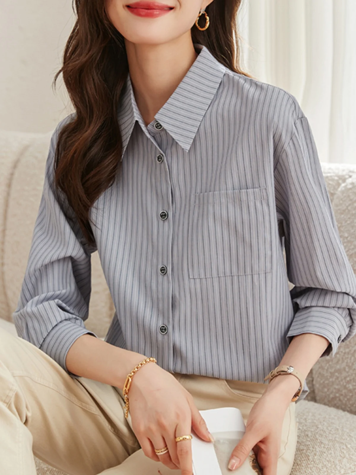 

Ele Cotton Striped irt Single Button Long Sve Collar Women's Spring Faion Top Quali Korean Sle Loose Fit
