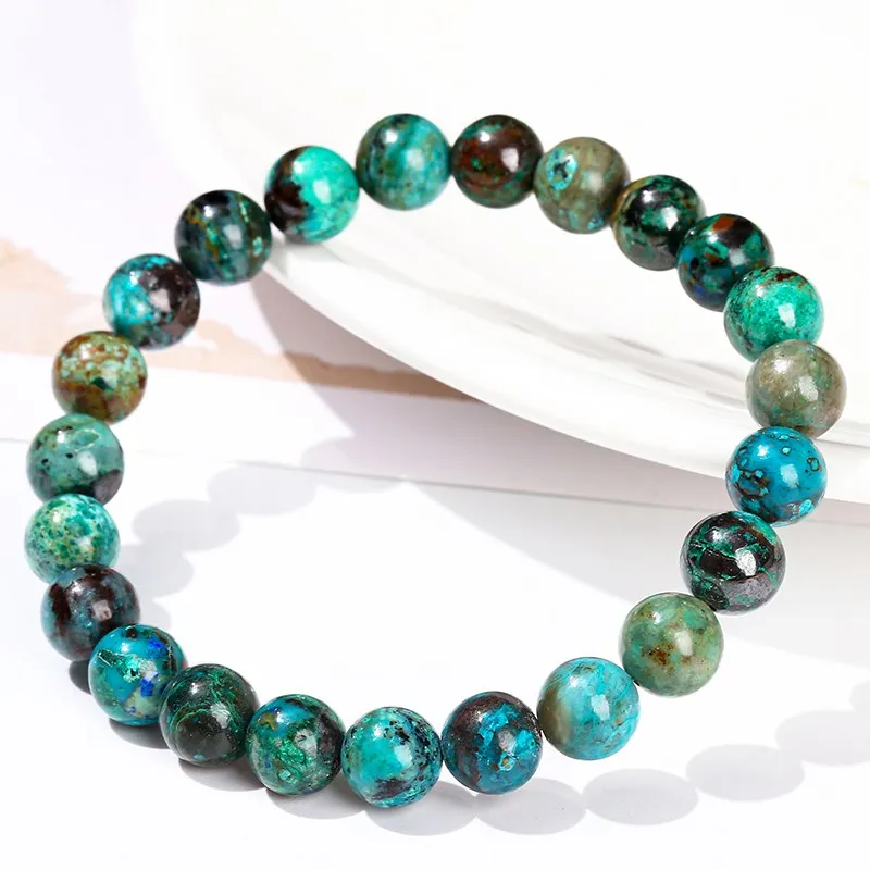 سوار حريمي من JD بأحجار طبيعية من chrysocola Azurite بخرز دائري سوار حريمي من الأحجار الكريمة مزين بحلية يدوية أساور قابلة للتمدد مجوهرات تعمل بالطاقة
