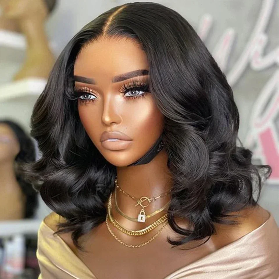 Preplucked Cabelo Humano Body Wave Bob Wig para Mulheres Negras, Lace Front Perucas, Cor Natural, Peruano, 13x5x1