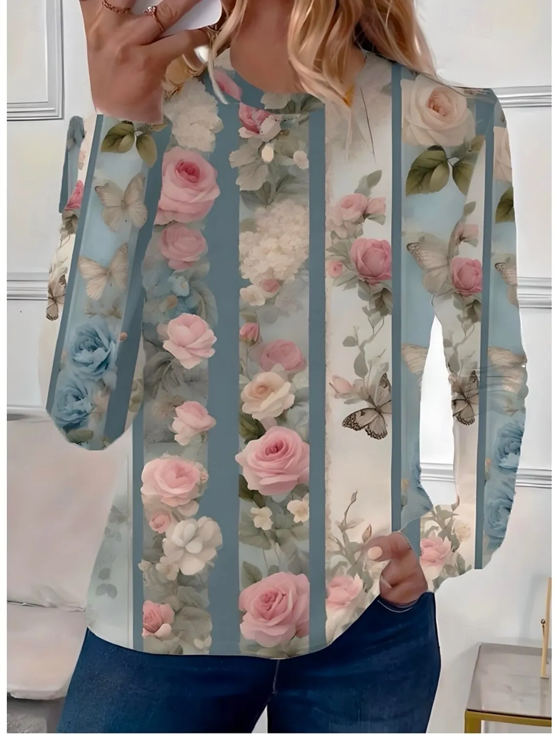 Fashion Women\'s Vintage Flower Graphic O-Neck Long Sleeve T-Shirt Casual Tops Womens Clothing Harajuku Female Clothing Pullover