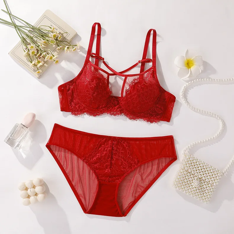 

Mesh Transparent Eyelash Lace Bandage Bra and Panties Set Thin Lined Underwear Women Sexy Lingerie