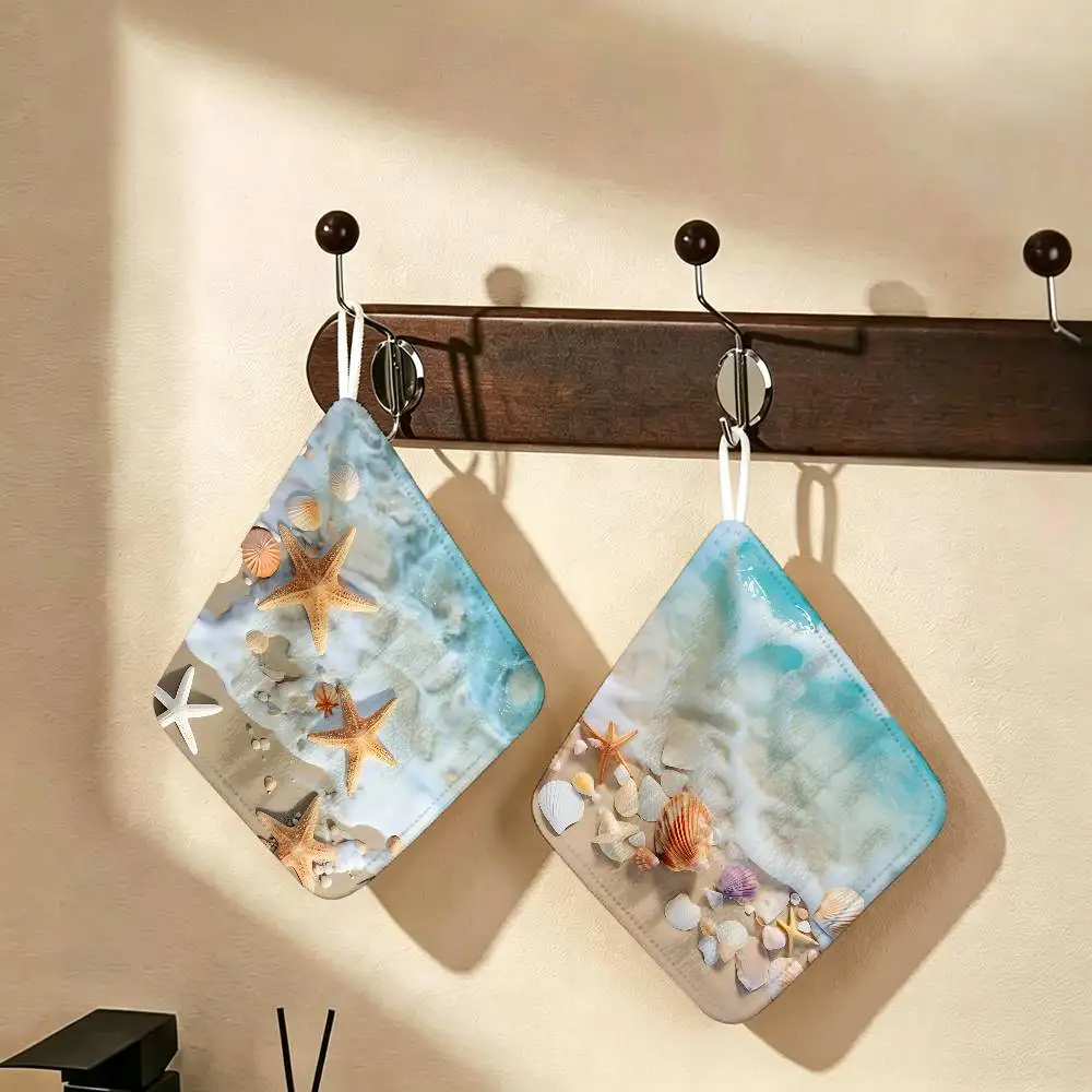 Summer Charm Waves Beach Shell Polyester Cotton Hand Wiping Towel, Anti-shrink Hanging Kitchen Cloth for Household Cleaning
