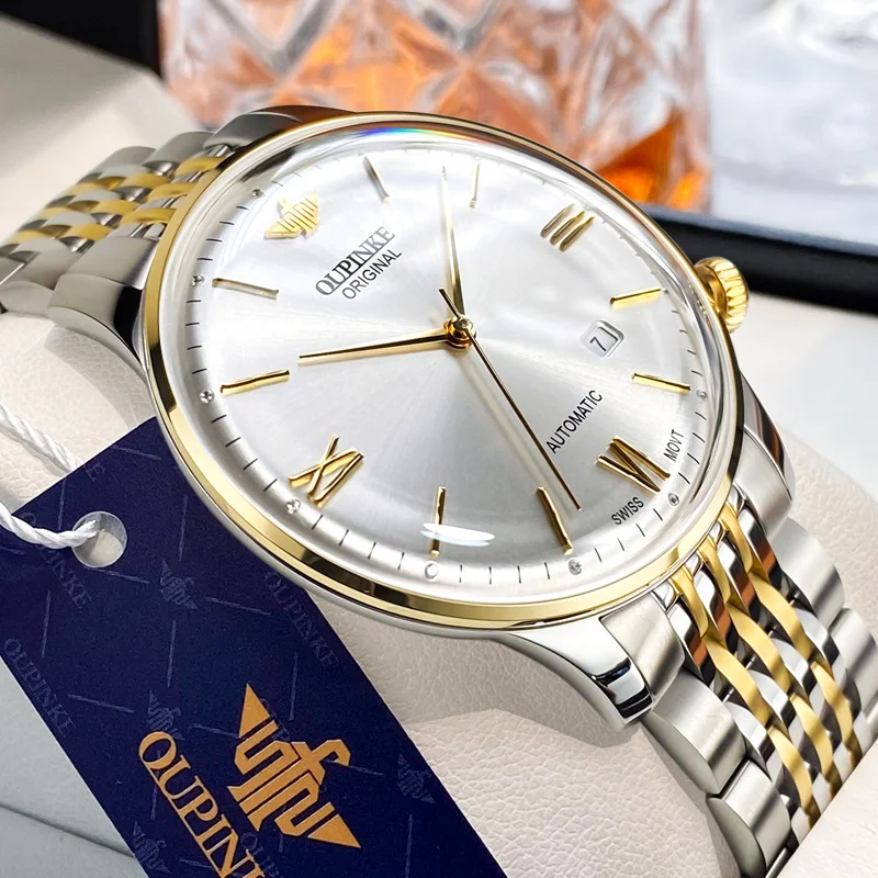 

OUPINKE Ultra thin Automatic Mechanical Wristwatch Imported Leather Strap Auto Date High end Luxury Wristwatch Man