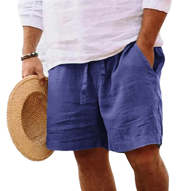 New Linen Men\'s Lightweight Quick Drying Breathable Drawstring Jogging Pants Sport Cotton Solid Color Beach Shorts