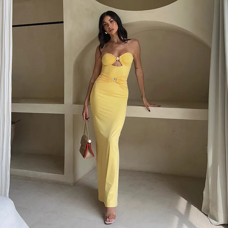 

New Strapless Skirt With One Shoulder Patchwork Metal Color Beach Vacation Slim Fit Dress