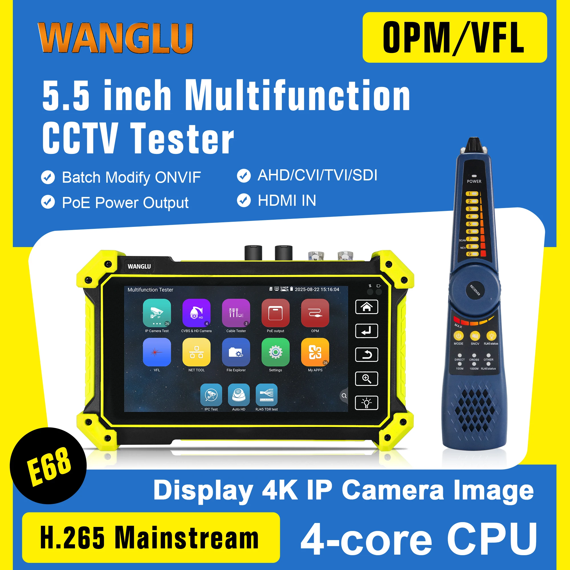 WANGLU 4K H.265 IP Camera Tester 8MP AHD TVI CVI SDI Analog IP Camera Monitor Tester Auto HD CCTV Camera Tester WiFi Analyzer