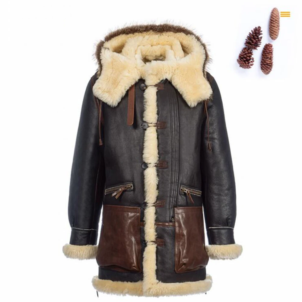 

Denny&Dora Men's Shearling Jacket Hood Thick Warm Winter Sheepskin Coat Dark Brown Leather Jacket