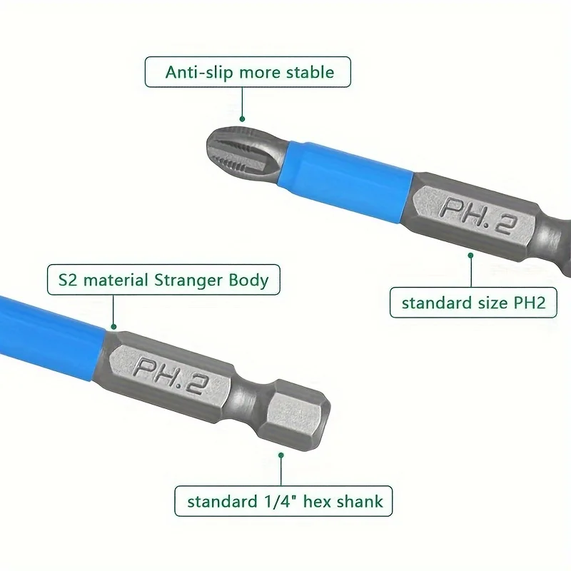 6pcs Magnetic Phillips Screwdriver Bit Set, Non-Slip Cross Head, 1/4" Hex Shank, S2 Steel - PH1 PH2 PH3 PZ1 PZ2 PZ3 view 5