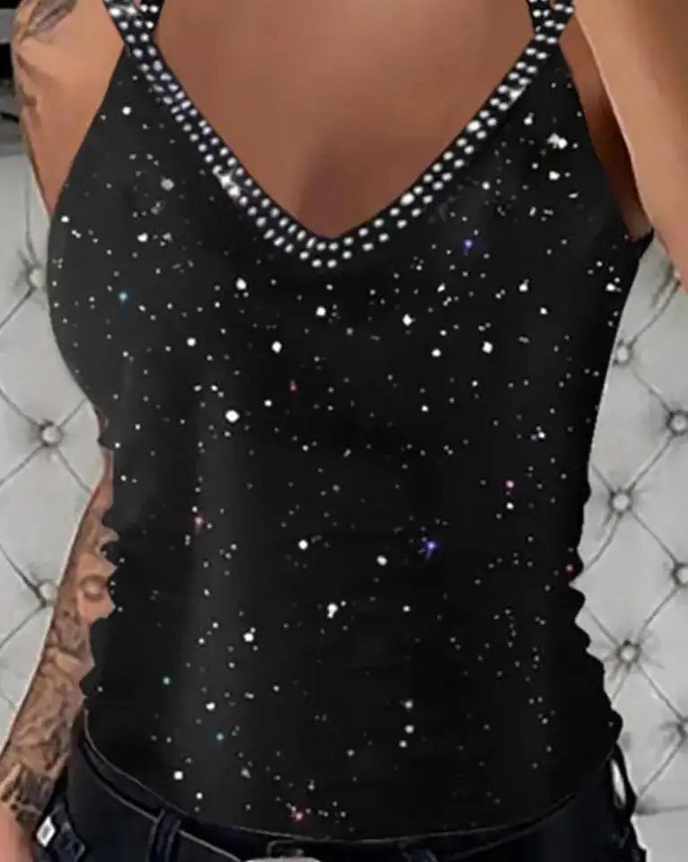 Moda damska koszulka na ramiączkach Camisole Glitter Rhinestone dekolt w serek Top na ramiączkach pasek krzyżowy kamizelka dla kobiet strój do klubu