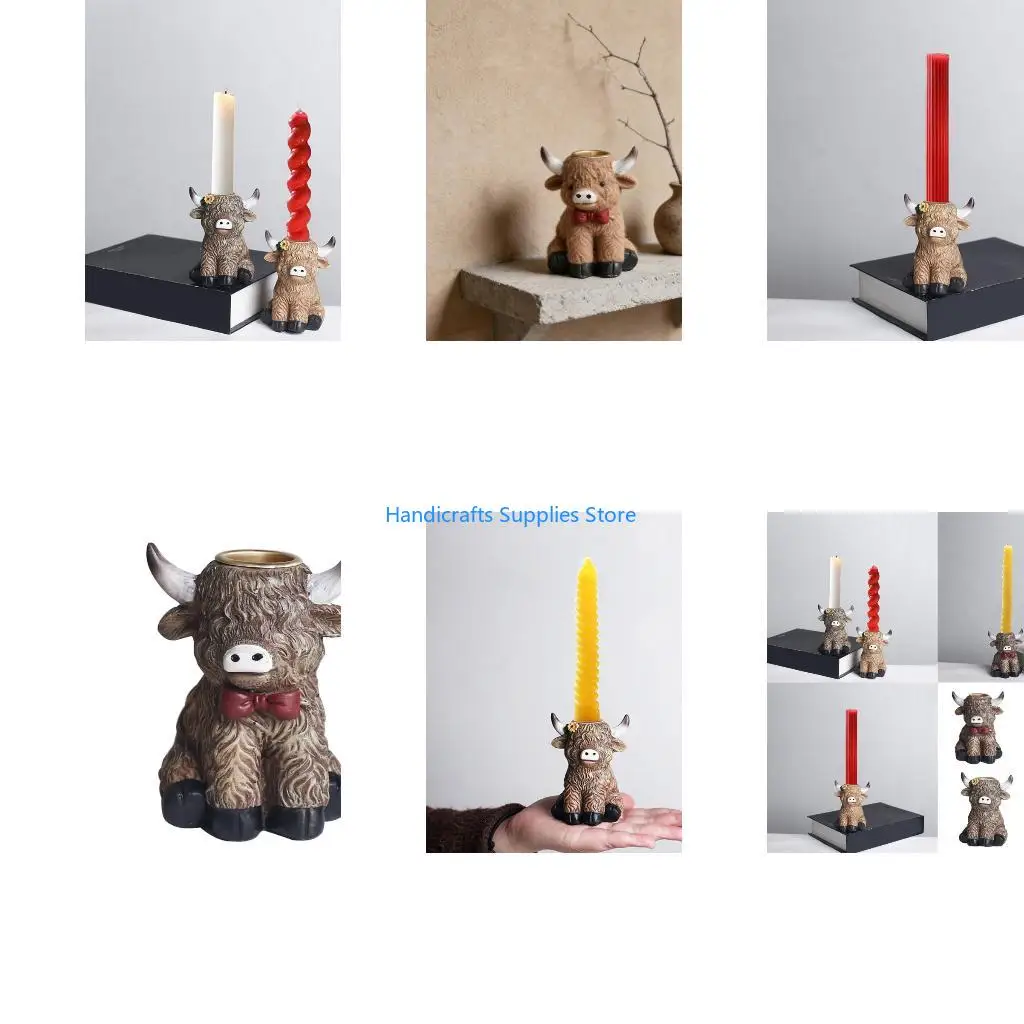 R1WA High Land Cow Statue Holders Resin Scottish Calf Gnomes Figurine Candlestick